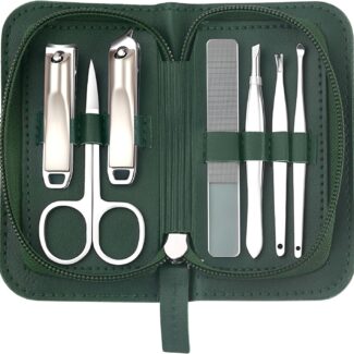 Kit Manicure 7 Pezzi con Astuccio Verde Giada – Forbici Unghie, Forbici Cuticole, Tagliaunghie Piedi e Mani, Pulitore Unghie, Pinzette, Lima Vetro, Kit Pedicure