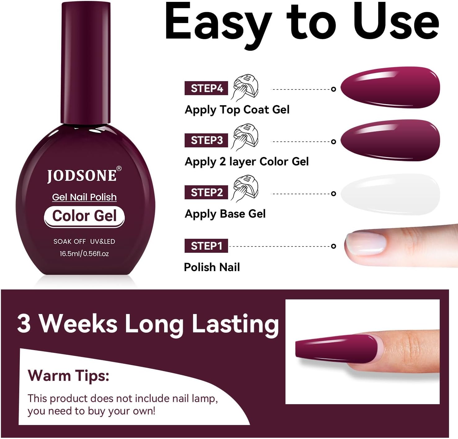 JODSONE 16,5 ml Stesso colore bottiglia gel smalto Borgogna lucido durevole elegante elegante ragazza donna regalo di vacanza - immagine 8