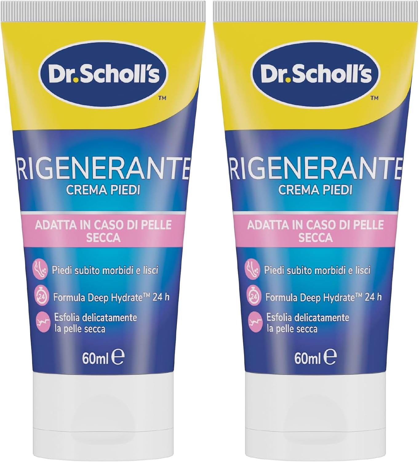Dr. Scholl's Crema Rigenerante Pelle Secca, Crema Piedi ad Assorbimento Rapido, Azione Esfoliante e Idratante per Pelle Liscia e Rivitalizzata, 60ml (Confezione da 2)
