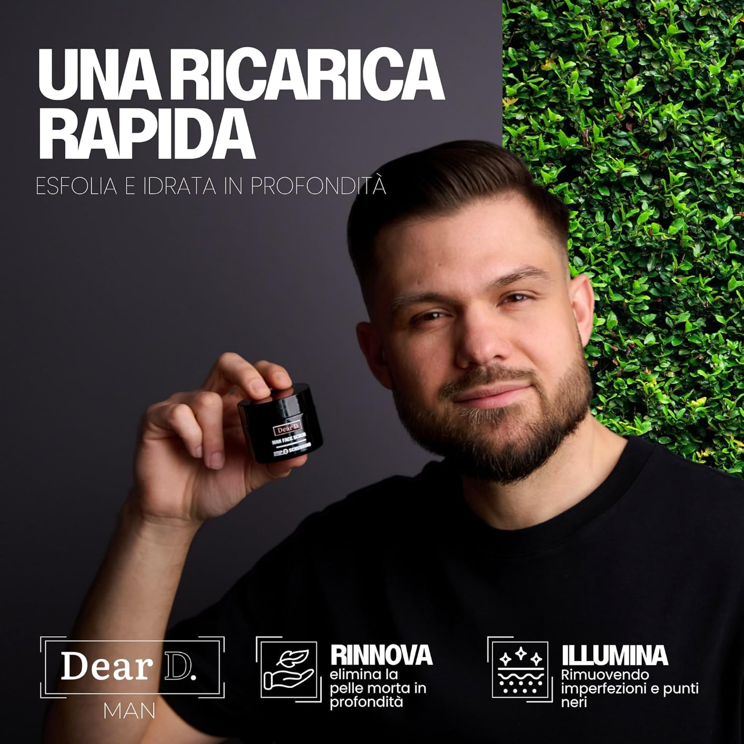 Dear D Scrub Viso Uomo | Crema Scrub Viso Uomo Ad Azione Purificante, Illuminante Ed Esfoliante | Perfetto Per Pelli Grasse E Secche | Pratico Formato Da 50 ML - immagine 3